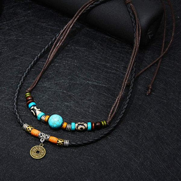 VINTAGE RETRO COIN -  Two-Layered Necklace With Wax Rope And Faux Adjustable Necklace For Men And Boys.