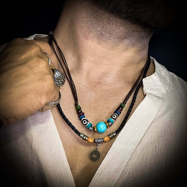 VINTAGE RETRO COIN -  Two-Layered Necklace With Wax Rope And Faux Adjustable Necklace For Men And Boys.