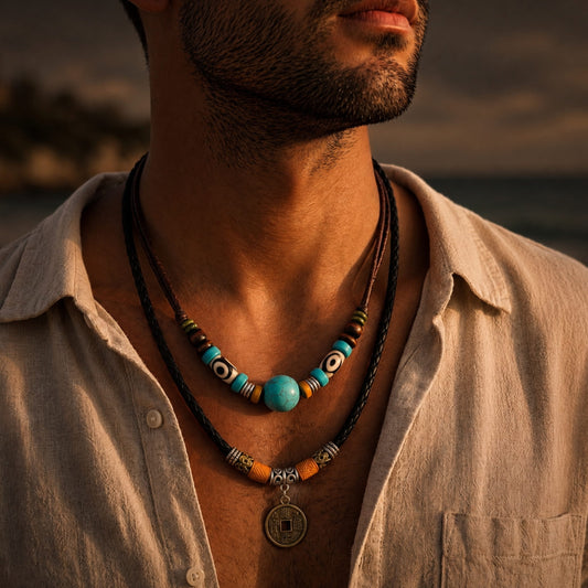 THE MEN THING Pearl / Bead Necklace VINTAGE RETRO COIN -  Two-Layered Necklace With Wax Rope And Faux Adjustable Necklace For Men And Boys.