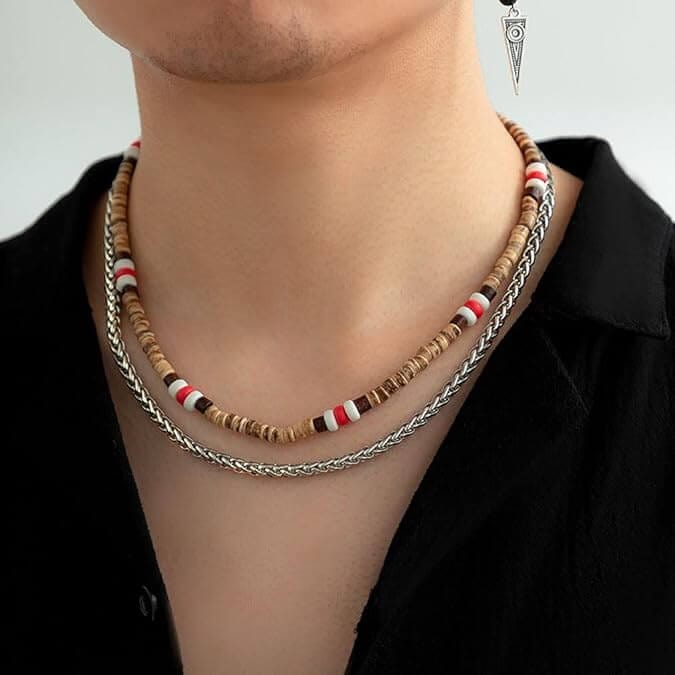WENGE WOOD MULTI-LAYERED Natural Wood Beaded Necklace with Twisted Steel Link Chain for Mens Boys (22 and 24 inch with adjustable cable chain)