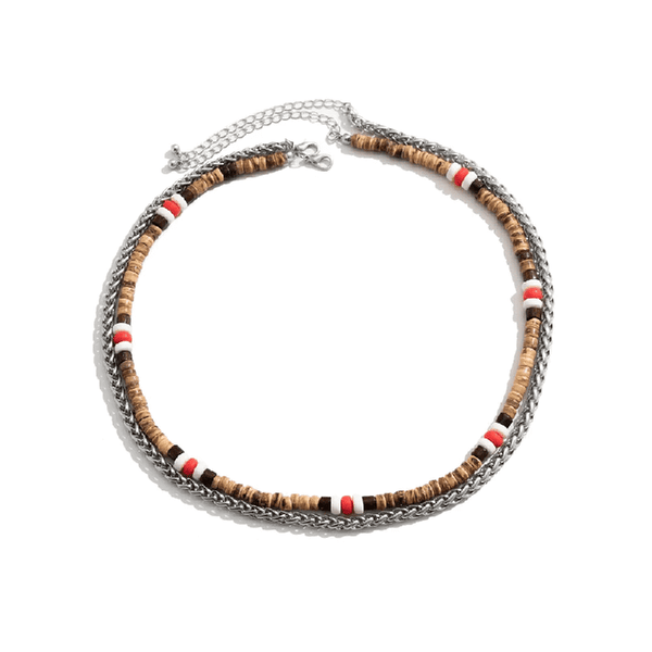 वेन्ग वुड मल्टी-लेयर्ड - पुरुषों और लड़कों के लिए ट्विस्टेड स्टील लिंक चेन के साथ प्राकृतिक लकड़ी का मनका हार (एडजस्टेबल केबल चेन के साथ 22 और 24 इंच)