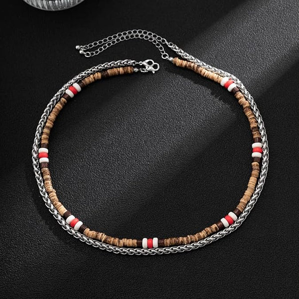 वेन्ग वुड मल्टी-लेयर्ड - पुरुषों और लड़कों के लिए ट्विस्टेड स्टील लिंक चेन के साथ प्राकृतिक लकड़ी का मनका हार (एडजस्टेबल केबल चेन के साथ 22 और 24 इंच)