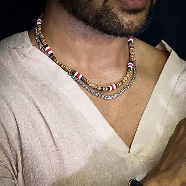 वेन्ग वुड मल्टी-लेयर्ड - पुरुषों और लड़कों के लिए ट्विस्टेड स्टील लिंक चेन के साथ प्राकृतिक लकड़ी का मनका हार (एडजस्टेबल केबल चेन के साथ 22 और 24 इंच)