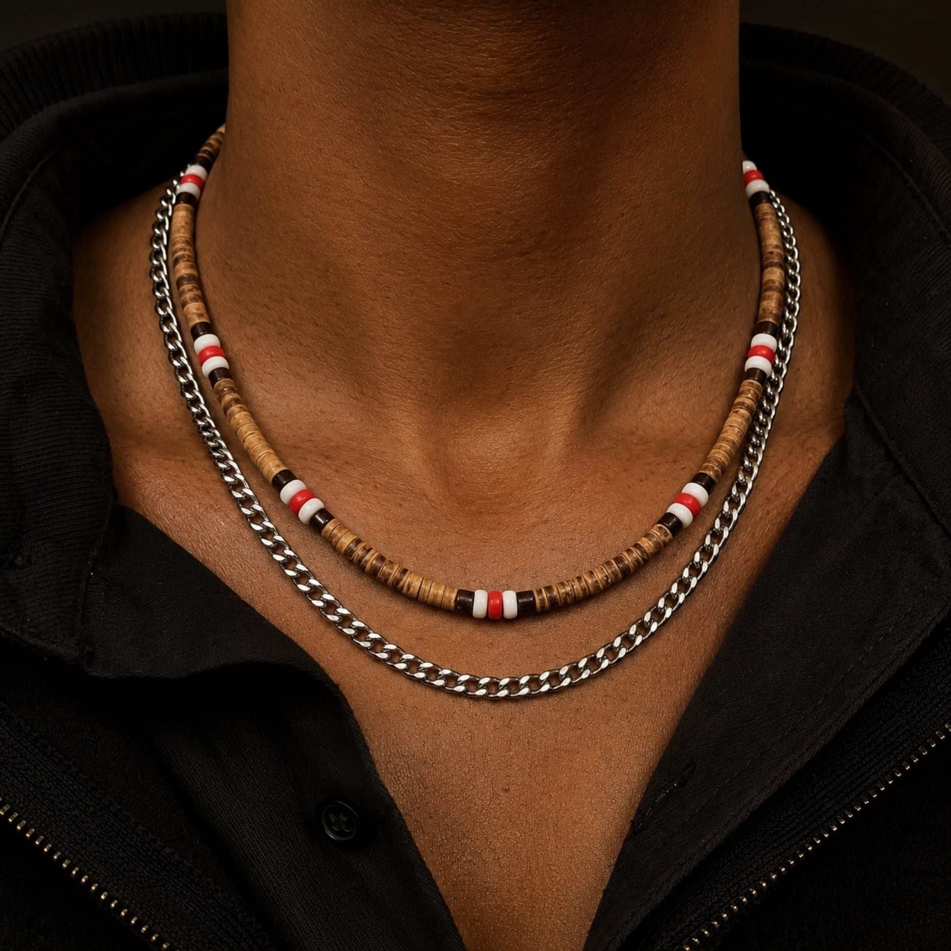 THE MEN THING Pearl / Bead Necklace WENGE WOOD MULTI-LAYERED -  Natural Wood Beaded Necklace with Twisted Steel Link Chain for Mens & Boys (22 and 24 inch with adjustable cable chain)