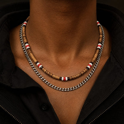 THE MEN THING Pearl / Bead Necklace WENGE WOOD MULTI-LAYERED -  Natural Wood Beaded Necklace with Twisted Steel Link Chain for Mens & Boys (22 and 24 inch with adjustable cable chain)