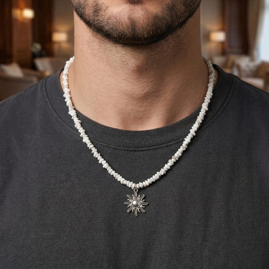 THE MEN THING Pearl / Bead Necklace WHITE AURA SUN - 26mm Pendant with 17 to 19inch Adjustable Howlite Chip Beaded Necklace for Men and Boys