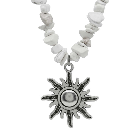 THE MEN THING Pearl / Bead Necklace WHITE AURA SUN - 26mm Pendant with 17 to 19inch Adjustable Howlite Chip Beaded Necklace for Men and Boys