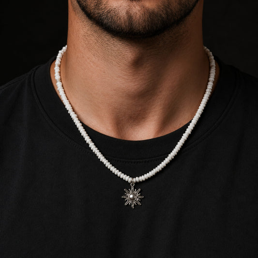 THE MEN THING Pearl / Bead Necklace WHITE AURA SUN - 26mm Pendant with 17 to 19inch Adjustable Howlite Chip Beaded Necklace for Men and Boys