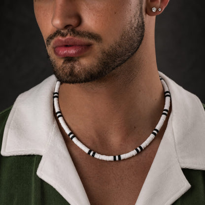 THE MEN THING Pearl / Bead Necklace WHITE EARTHY APPEAL - Beaded Necklace - Black & White Beaded Necklace for Men & Boys (20 inch with adjustable cable chain)