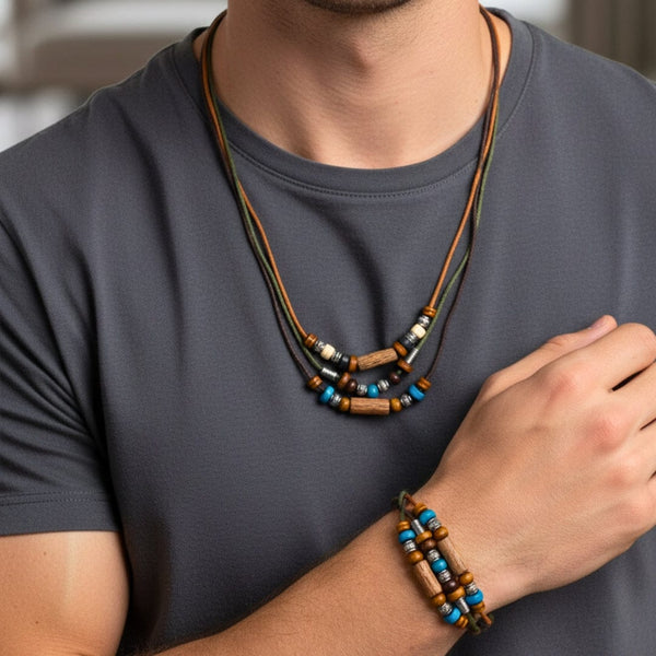WILDWOOD ADVENTURE - Genuine Wooden Beaded Necklace and Bracelet Set for Men & Boys (Adjustable)
