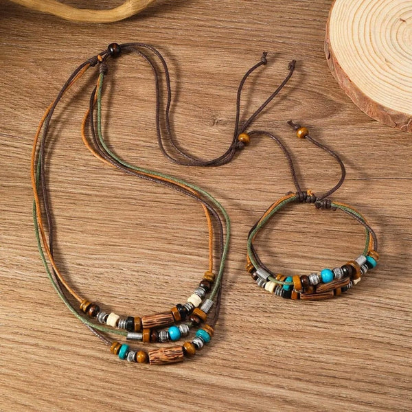 WILDWOOD ADVENTURE - Genuine Wooden Beaded Necklace and Bracelet Set for Men & Boys (Adjustable)