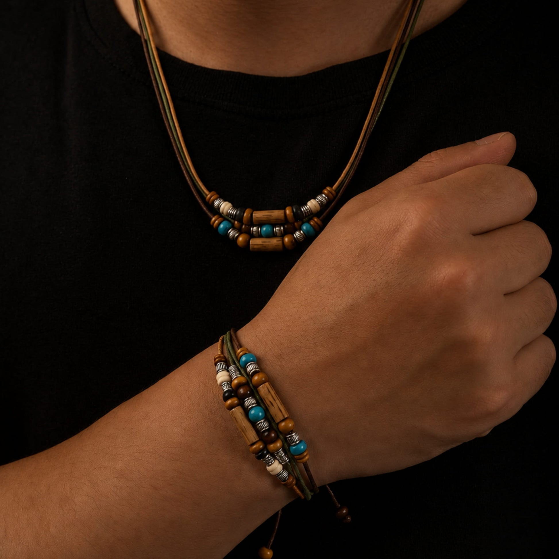 THE MEN THING Pearl / Bead Necklace WILDWOOD ADVENTURE - Genuine Wooden Beaded Necklace and Bracelet Set for Men & Boys (Adjustable)