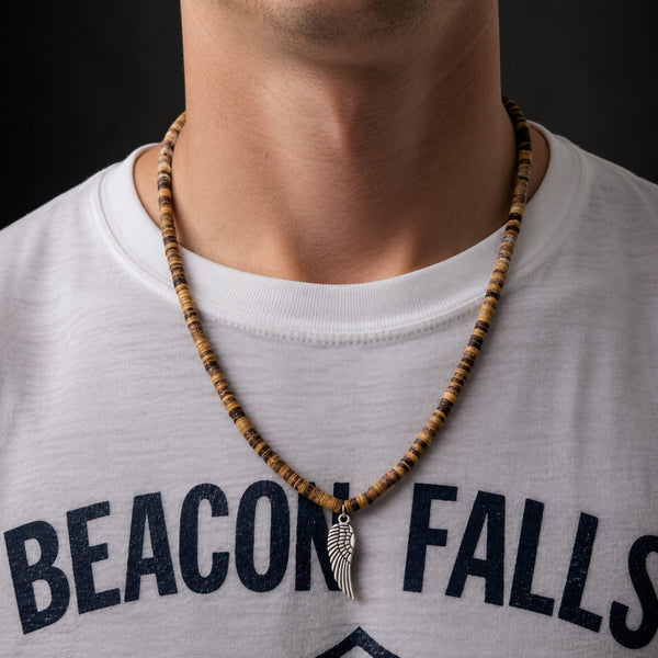 WILDWOOD BOHO - Wooden Bead with Feather Pendant Men's Necklace for Men and Boys (24 Inch)