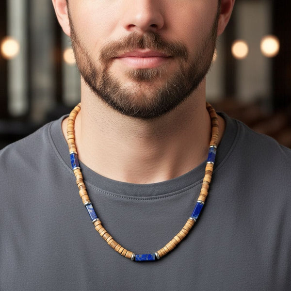 WILDWOOD TRIBAL - Blue 6 mm Beaded Necklace for Men and Boys (21 inches with adjustable silver cable chain)