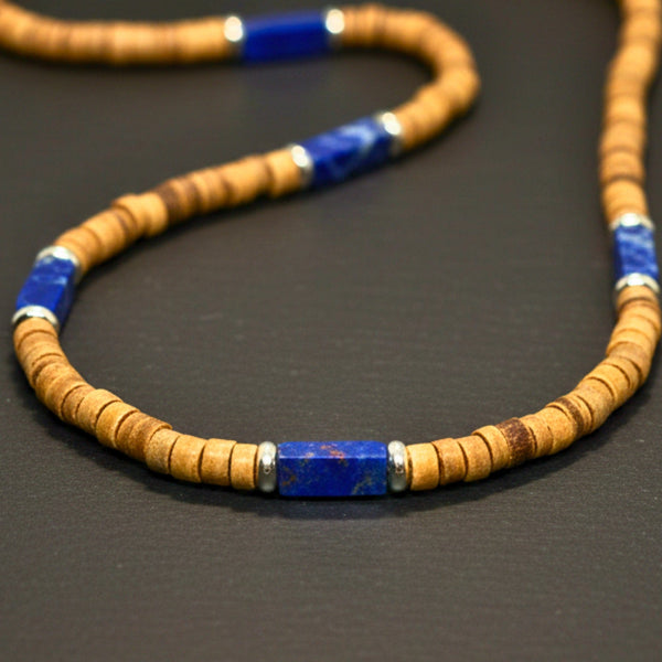 WILDWOOD TRIBAL - Blue 6 mm Beaded Necklace for Men and Boys (21 inches with adjustable silver cable chain)