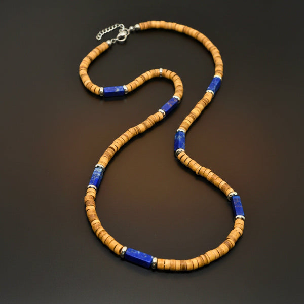 WILDWOOD TRIBAL - Blue 6 mm Beaded Necklace for Men and Boys (21 inches with adjustable silver cable chain)