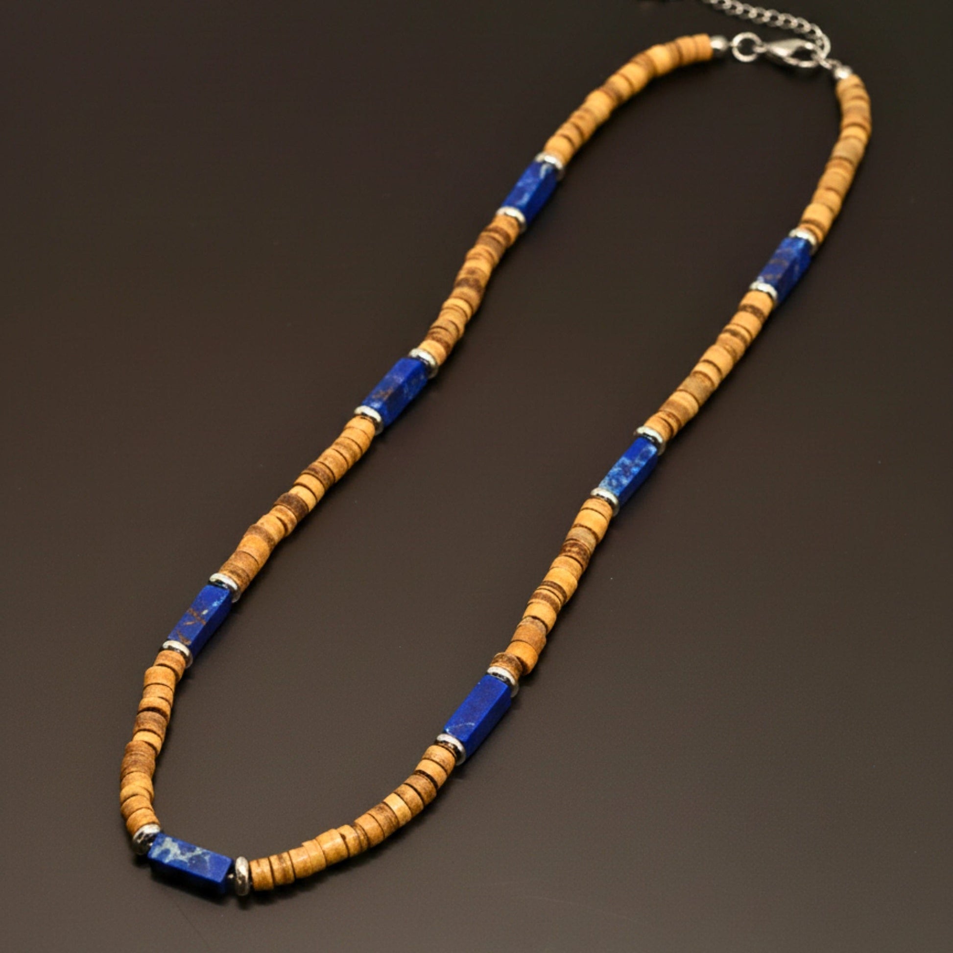 THE MEN THING Pearl / Bead Necklace WILDWOOD TRIBAL - Blue 6 mm Beaded Necklace for Men and Boys (21 inches with adjustable silver cable chain)