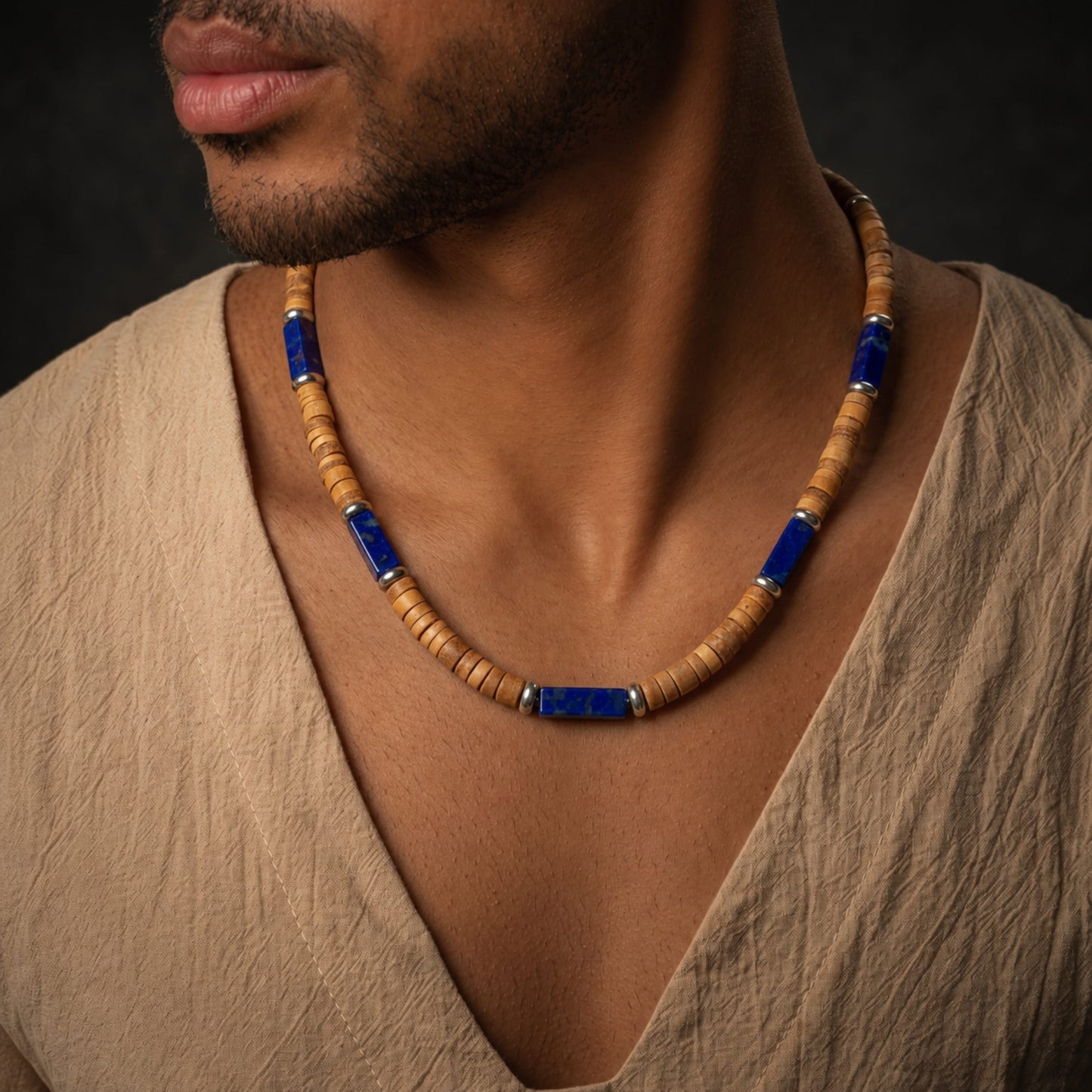 THE MEN THING Pearl / Bead Necklace WILDWOOD TRIBAL - Blue 6 mm Beaded Necklace for Men and Boys (21 inches with adjustable silver cable chain)