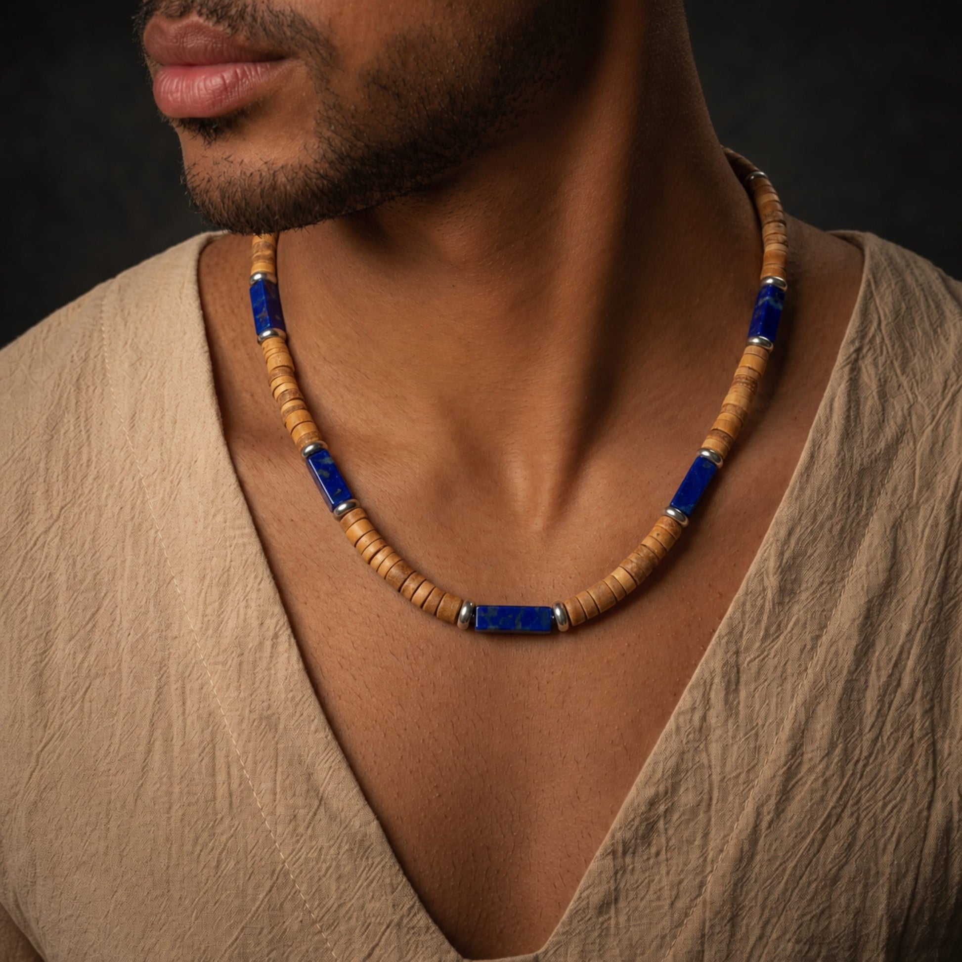 THE MEN THING Pearl / Bead Necklace WILDWOOD TRIBAL - Blue 6 mm Beaded Necklace for Men and Boys (21 inches with adjustable silver cable chain)