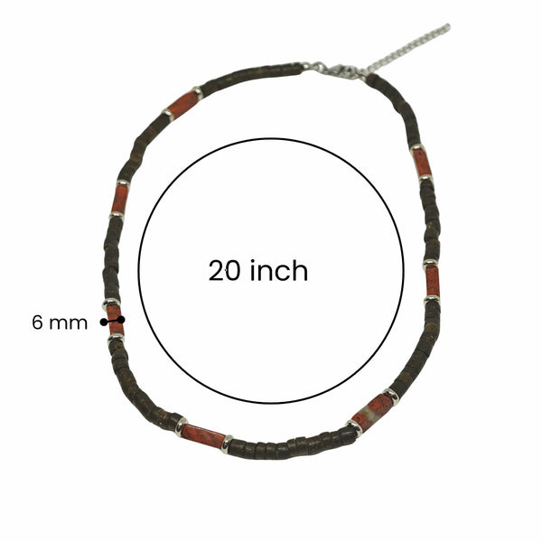 WILDWOOD TRIBAL - Brick Red Jasper 6 mm Beaded Necklace for Men and Boys (20 inches with adjustable silver cable chain)