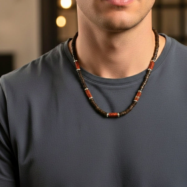 WILDWOOD TRIBAL - Brick Red Jasper 6 mm Beaded Necklace for Men and Boys (20 inches with adjustable silver cable chain)
