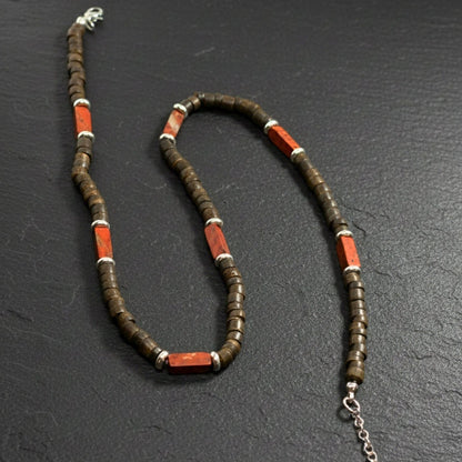THE MEN THING Pearl / Bead Necklace WILDWOOD TRIBAL - Brick Red Jasper 6 mm Beaded Necklace for Men and Boys (20 inches with adjustable silver cable chain)