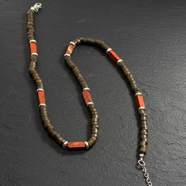 WILDWOOD TRIBAL - Brick Red Jasper 6 mm Beaded Necklace for Men and Boys (20 inches with adjustable silver cable chain)