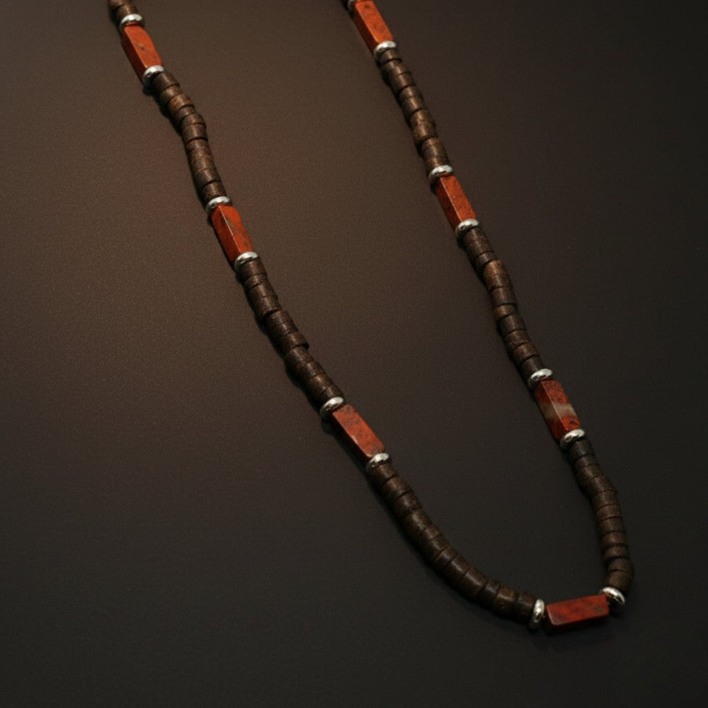 THE MEN THING Pearl / Bead Necklace WILDWOOD TRIBAL - Brick Red Jasper 6 mm Beaded Necklace for Men and Boys (20 inches with adjustable silver cable chain)