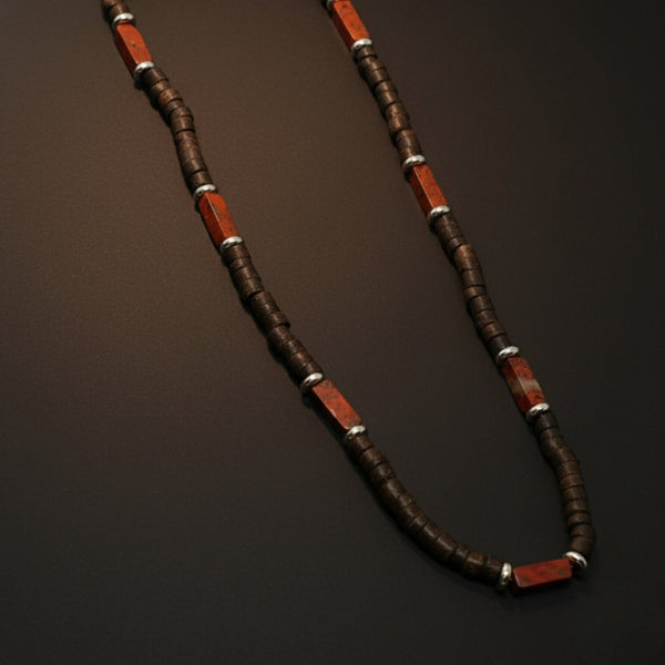 WILDWOOD TRIBAL - Brick Red Jasper 6 mm Beaded Necklace for Men and Boys (20 inches with adjustable silver cable chain)