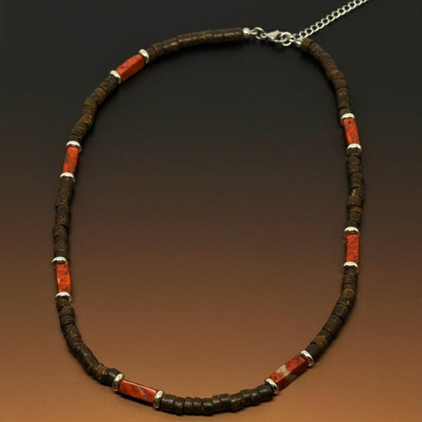 WILDWOOD TRIBAL - Brick Red Jasper 6 mm Beaded Necklace for Men and Boys (20 inches with adjustable silver cable chain)
