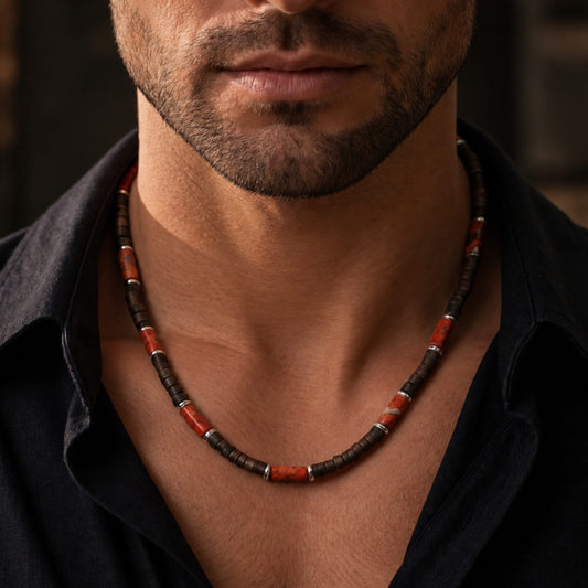 THE MEN THING Pearl / Bead Necklace WILDWOOD TRIBAL - Brick Red Jasper 6 mm Beaded Necklace for Men and Boys (20 inches with adjustable silver cable chain)