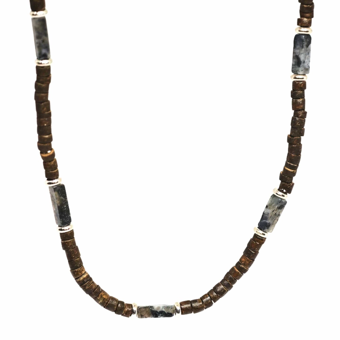 THE MEN THING Pearl / Bead Necklace WILDWOOD TRIBAL - Grey 6 mm Beaded Necklace for Men and Boys (21 inches with adjustable silver cable chain)