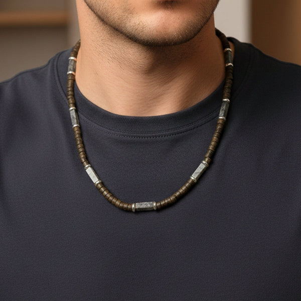 WILDWOOD TRIBAL - Grey 6 mm Beaded Necklace for Men and Boys (21 inches with adjustable silver cable chain)