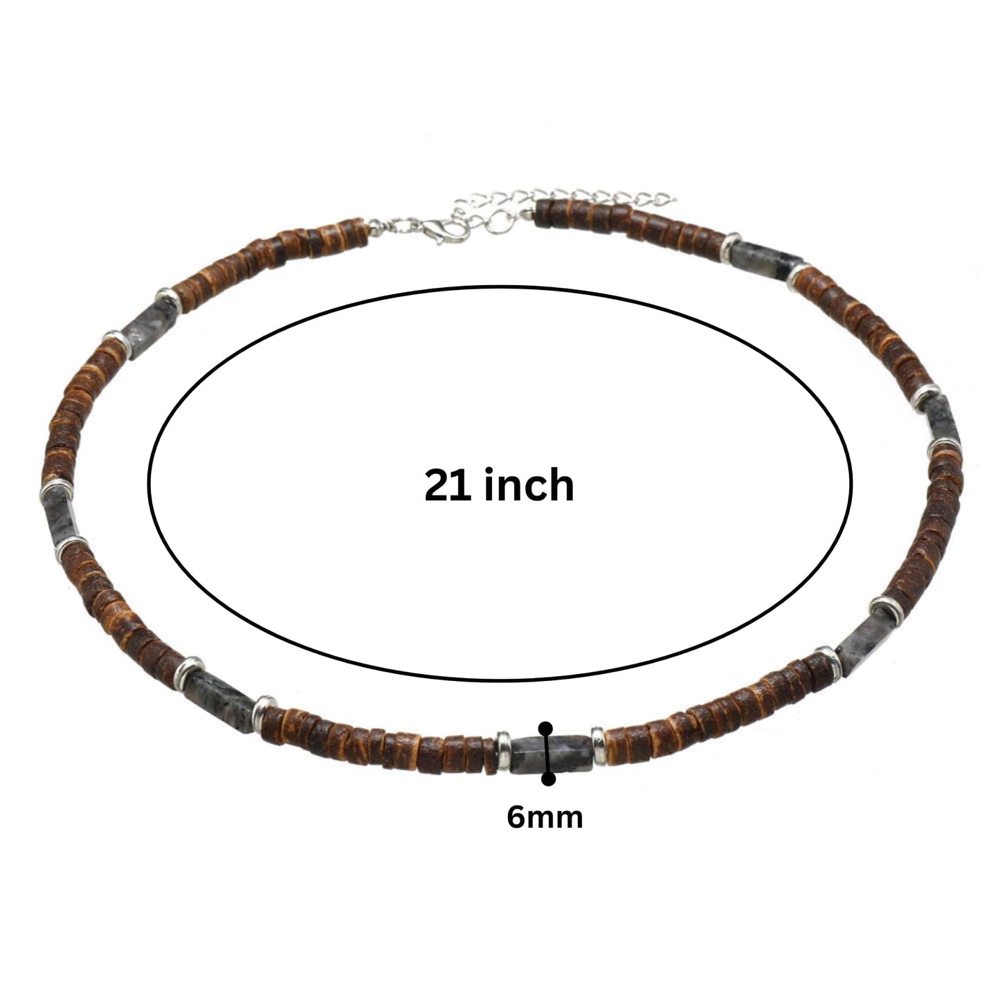 THE MEN THING Pearl / Bead Necklace WILDWOOD TRIBAL - Grey 6 mm Beaded Necklace for Men and Boys (21 inches with adjustable silver cable chain)