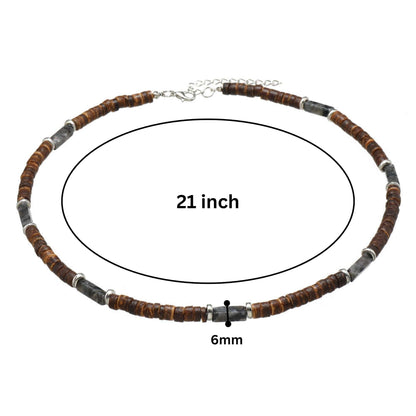 THE MEN THING Pearl / Bead Necklace WILDWOOD TRIBAL - Grey 6 mm Beaded Necklace for Men and Boys (21 inches with adjustable silver cable chain)