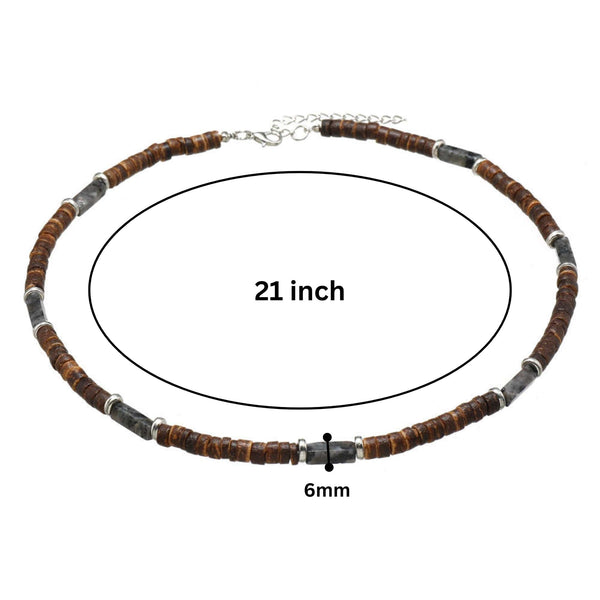 WILDWOOD TRIBAL - Grey 6 mm Beaded Necklace for Men and Boys (21 inches with adjustable silver cable chain)