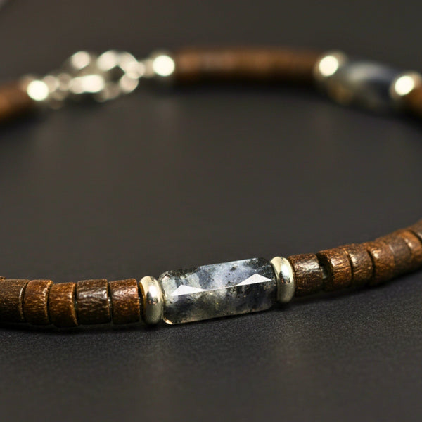 WILDWOOD TRIBAL - Grey 6 mm Beaded Necklace for Men and Boys (21 inches with adjustable silver cable chain)