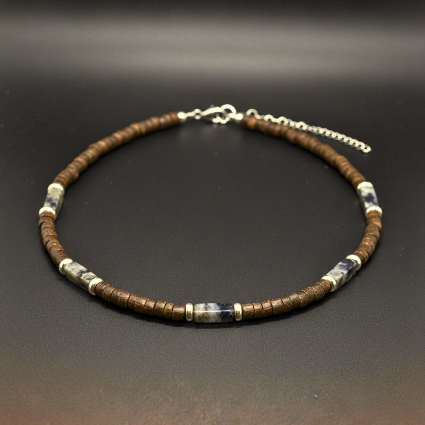 THE MEN THING Pearl / Bead Necklace WILDWOOD TRIBAL - Grey 6 mm Beaded Necklace for Men and Boys (21 inches with adjustable silver cable chain)