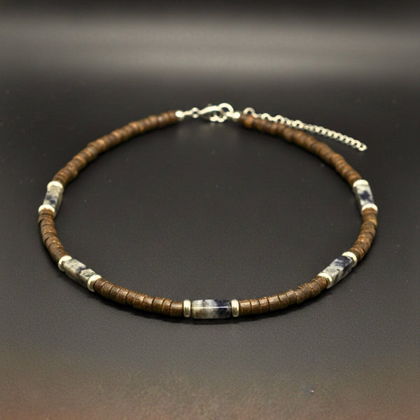 WILDWOOD TRIBAL - Grey 6 mm Beaded Necklace for Men and Boys (21 inches with adjustable silver cable chain)
