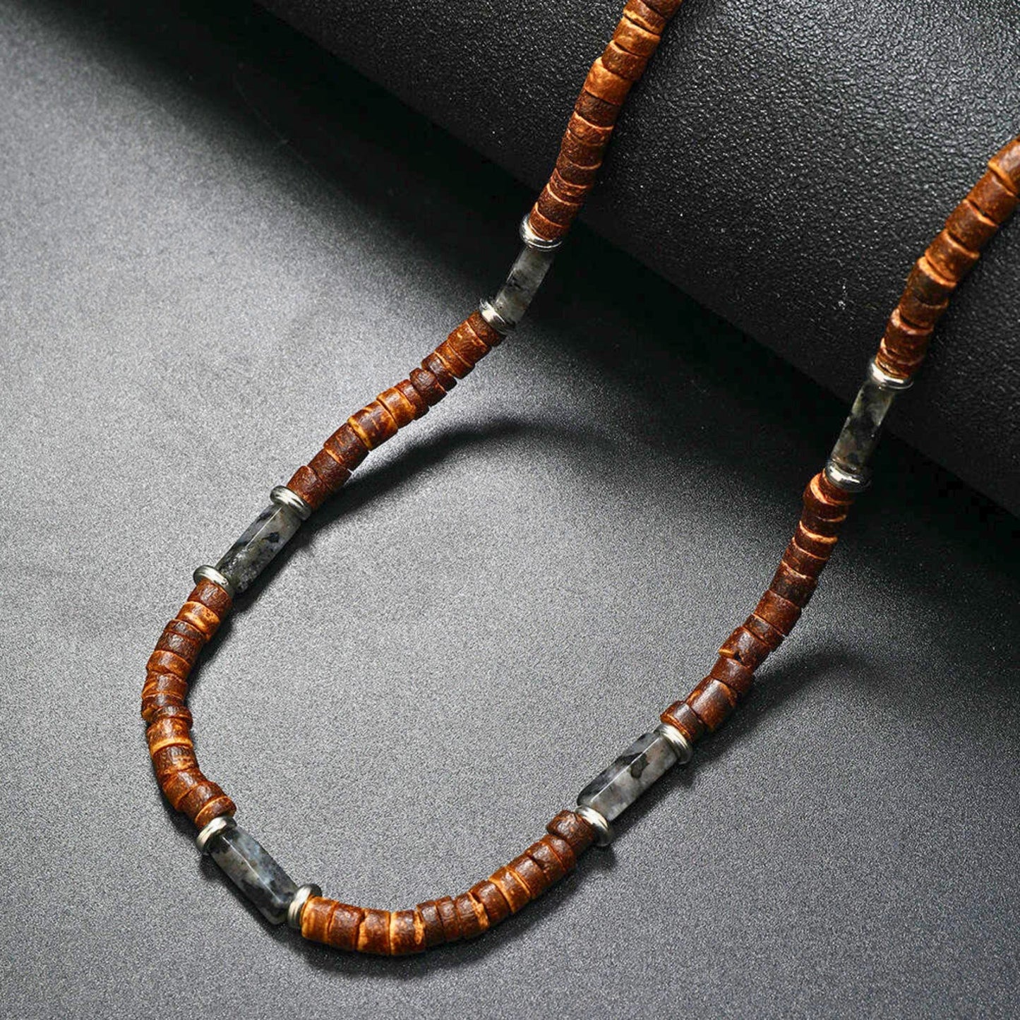 THE MEN THING Pearl / Bead Necklace WILDWOOD TRIBAL - Grey 6 mm Beaded Necklace for Men and Boys (21 inches with adjustable silver cable chain)