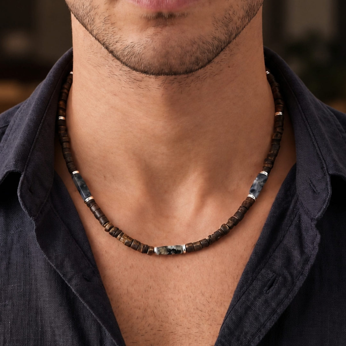 THE MEN THING Pearl / Bead Necklace WILDWOOD TRIBAL - Grey 6 mm Beaded Necklace for Men and Boys (21 inches with adjustable silver cable chain)