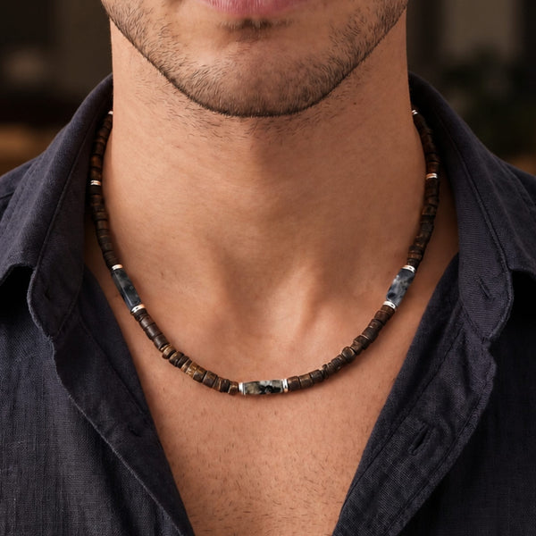 WILDWOOD TRIBAL - Grey 6 mm Beaded Necklace for Men and Boys (21 inches with adjustable silver cable chain)
