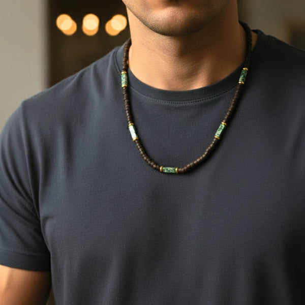 WILDWOOD TRIBAL - Jade Green 6 mm Beaded Necklace for Men and Boys (21 inches with adjustable golden cable chain)