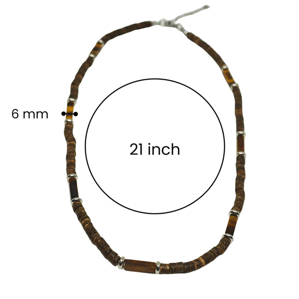 WILDWOOD TRIBAL - Tiger Eye chatoyance 6 mm Beaded Necklace for Men and Boys (21 inches with adjustable silver cable chain)