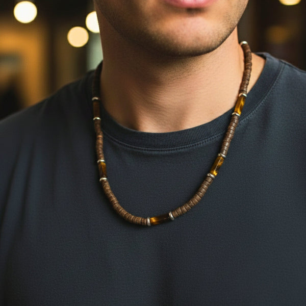 WILDWOOD TRIBAL - Tiger Eye chatoyance 6 mm Beaded Necklace for Men and Boys (21 inches with adjustable silver cable chain)