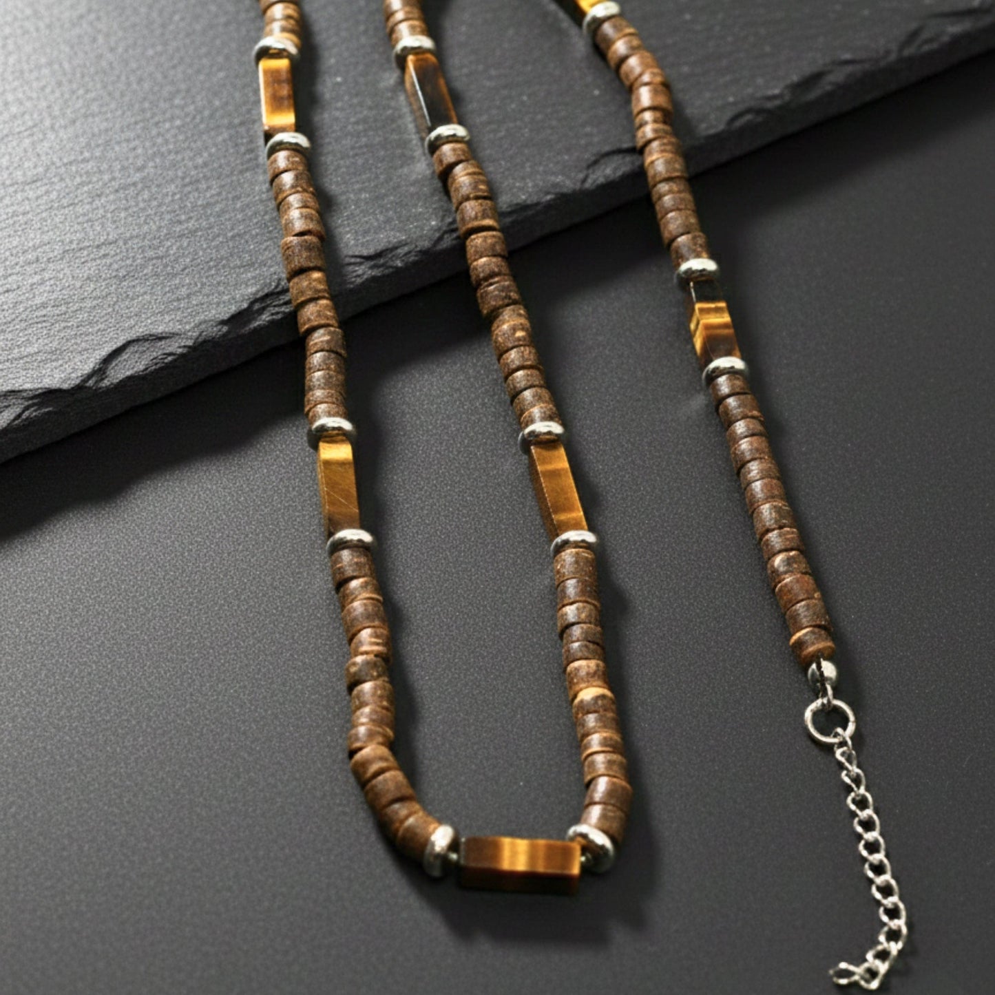 THE MEN THING Pearl / Bead Necklace WILDWOOD TRIBAL - Tiger Eye chatoyance 6 mm Beaded Necklace for Men and Boys (21 inches with adjustable silver cable chain)