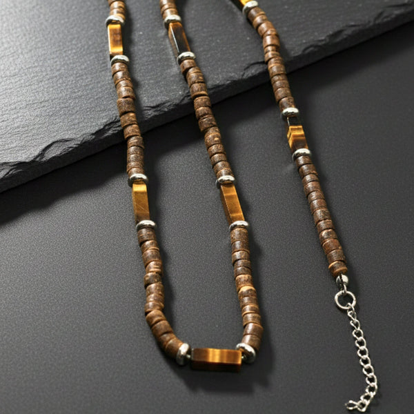 WILDWOOD TRIBAL - Tiger Eye chatoyance 6 mm Beaded Necklace for Men and Boys (21 inches with adjustable silver cable chain)