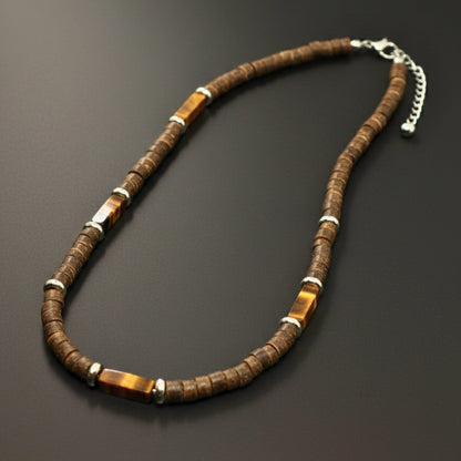 THE MEN THING Pearl / Bead Necklace WILDWOOD TRIBAL - Tiger Eye chatoyance 6 mm Beaded Necklace for Men and Boys (21 inches with adjustable silver cable chain)