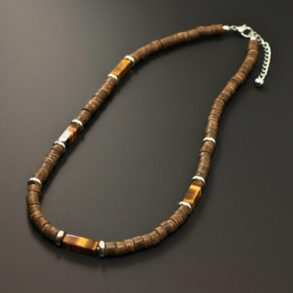 WILDWOOD TRIBAL - Tiger Eye chatoyance 6 mm Beaded Necklace for Men and Boys (21 inches with adjustable silver cable chain)