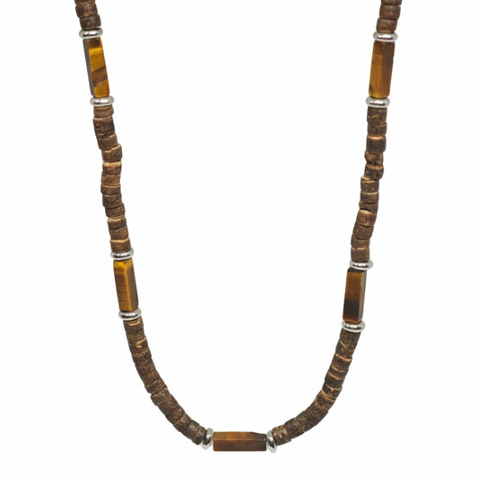 THE MEN THING Pearl / Bead Necklace WILDWOOD TRIBAL - Tiger Eye chatoyance 6 mm Beaded Necklace for Men and Boys (21 inches with adjustable silver cable chain)